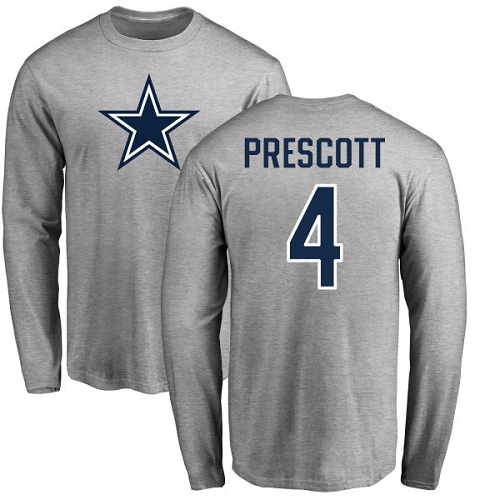 Men Dallas Cowboys Ash Dak Prescott Name and Number Logo #4 Long Sleeve Nike NFL T Shirt